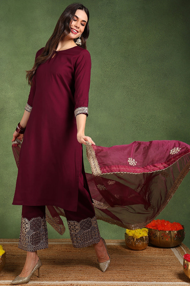 Burgundy Silk Blend Solid Straight Suit Set With Palazzo Style Bottom PKSKD2745