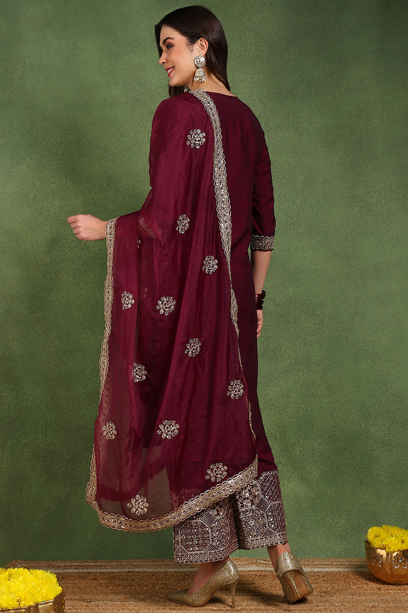 Burgundy Silk Blend Solid Straight Suit Set With Palazzo Style Bottom PKSKD2745