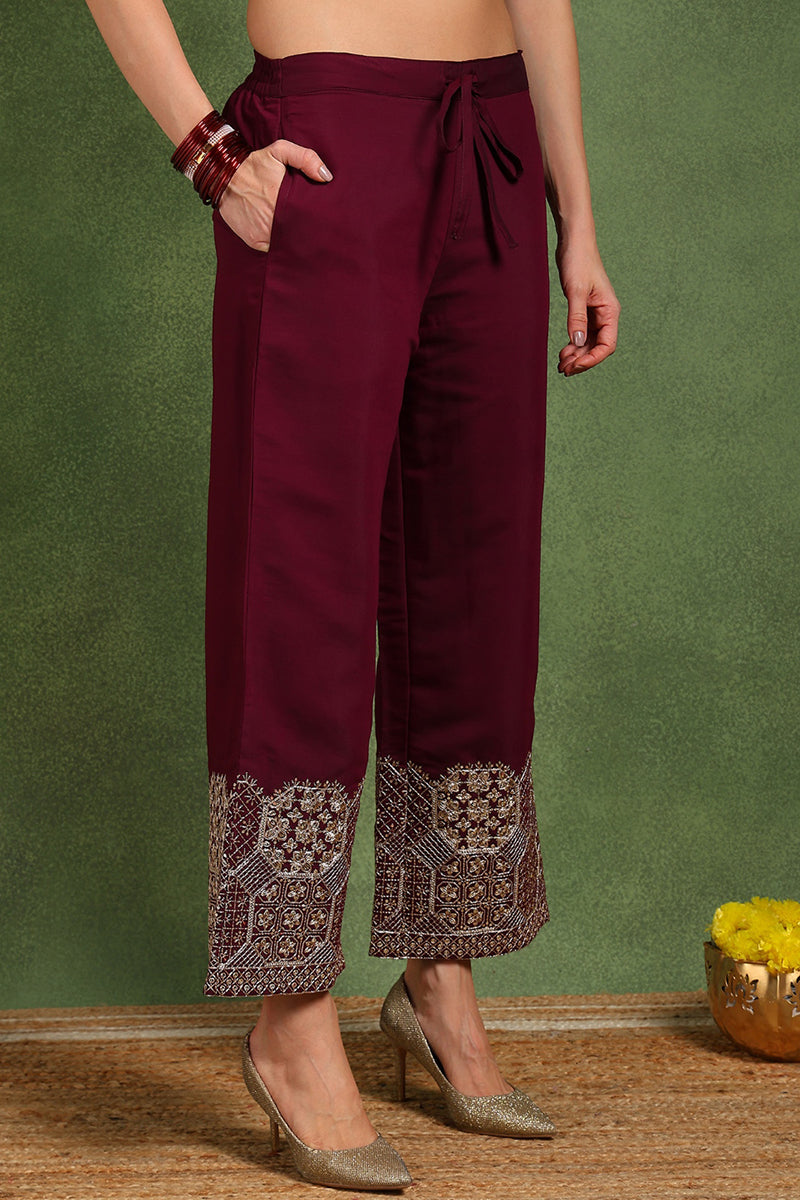 Burgundy Silk Blend Solid Straight Suit Set With Palazzo Style Bottom PKSKD2745