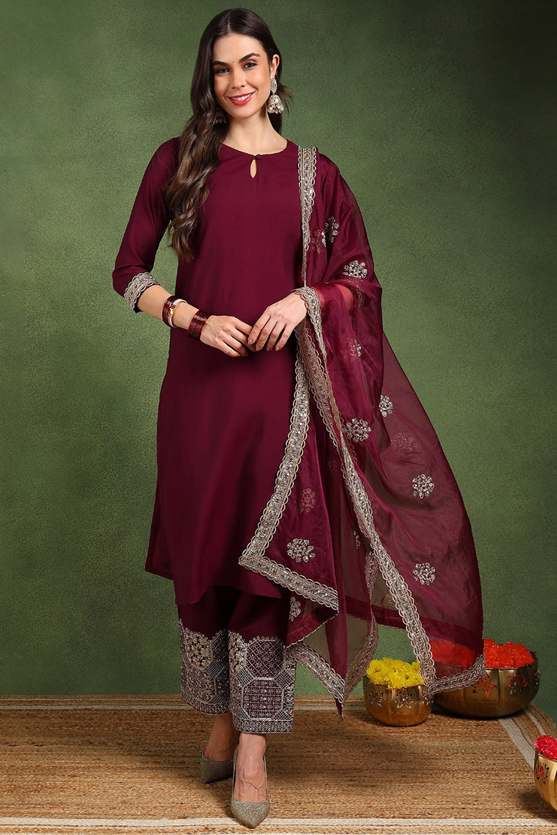 Burgundy Silk Blend Solid Straight Suit Set With Palazzo Style Bottom PKSKD2745