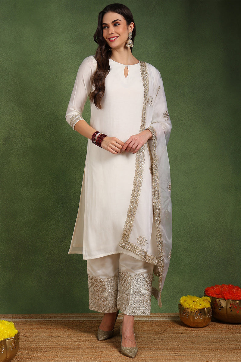 Off White Chanderi Silk Solid Straight Palazzo Suit Set PKSKD2746