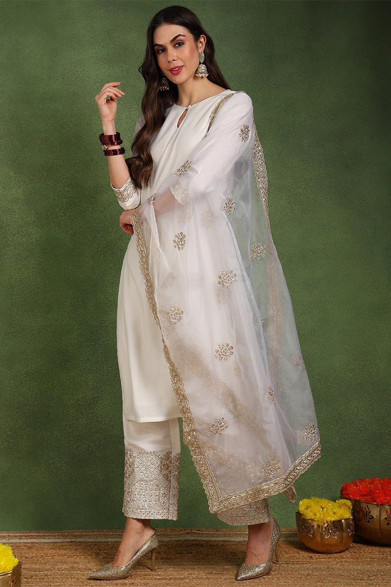 Off White Chanderi Silk Solid Straight Palazzo Suit Set PKSKD2746