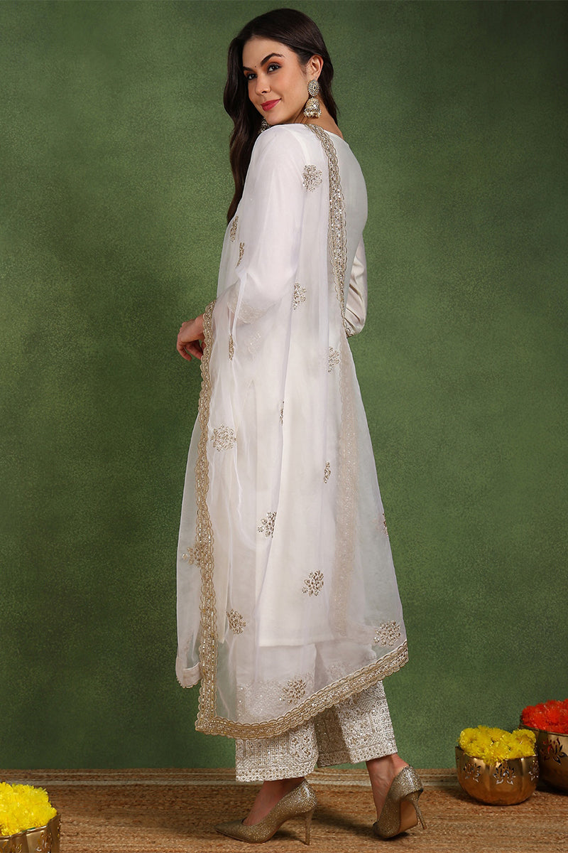 Off White Chanderi Silk Solid Straight Palazzo Suit Set PKSKD2746