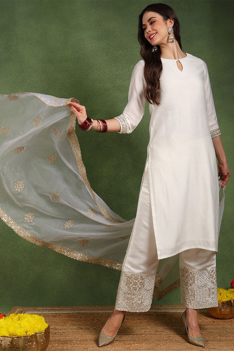 Off White Chanderi Silk Solid Straight Palazzo Suit Set PKSKD2746