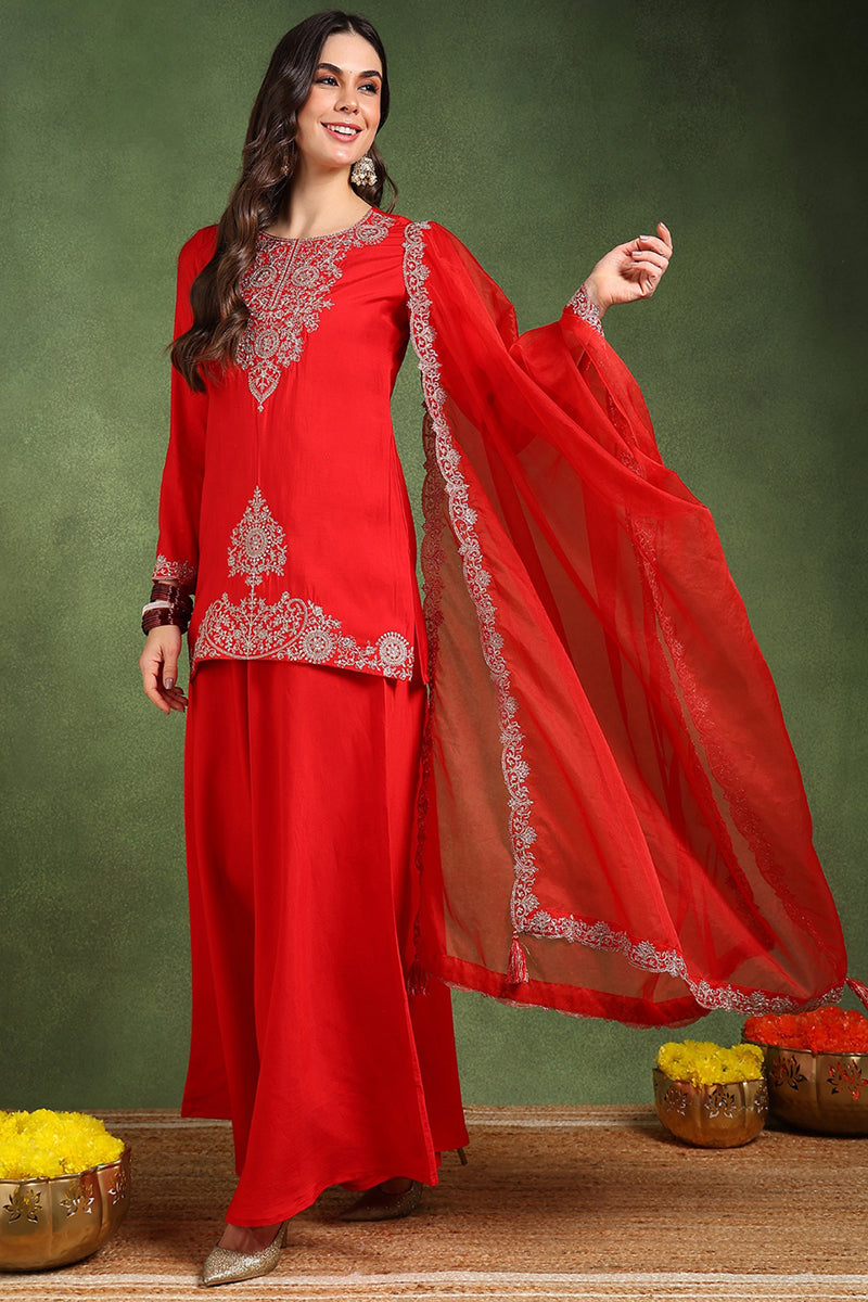 Red Silk Blend Embroidered Straight Palazzo Suit Set PKSKD2748