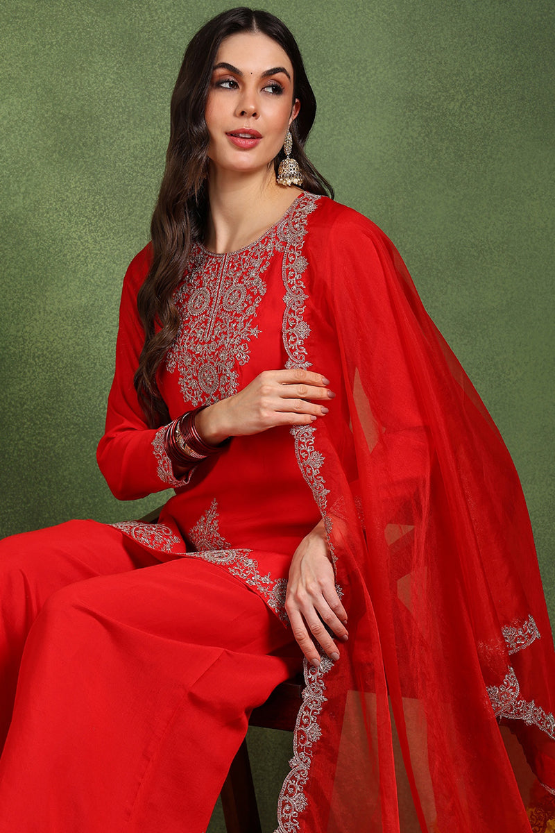 Red Silk Blend Embroidered Straight Palazzo Suit Set PKSKD2748