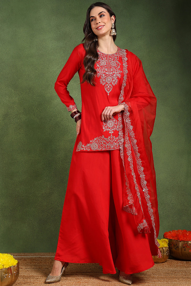 Red Silk Blend Embroidered Straight Palazzo Suit Set PKSKD2748