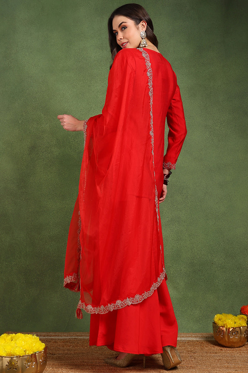 Red Silk Blend Embroidered Straight Palazzo Suit Set PKSKD2748