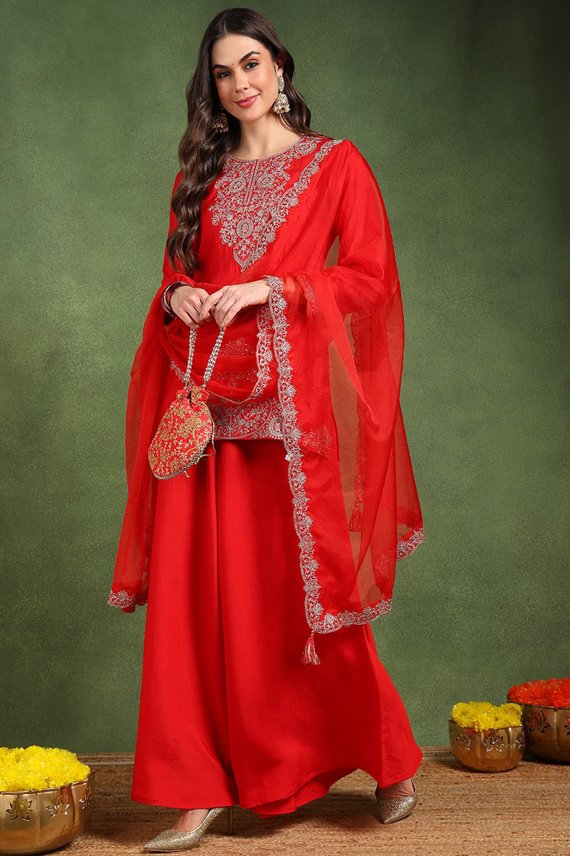 Red Silk Blend Embroidered Straight Palazzo Suit Set PKSKD2748