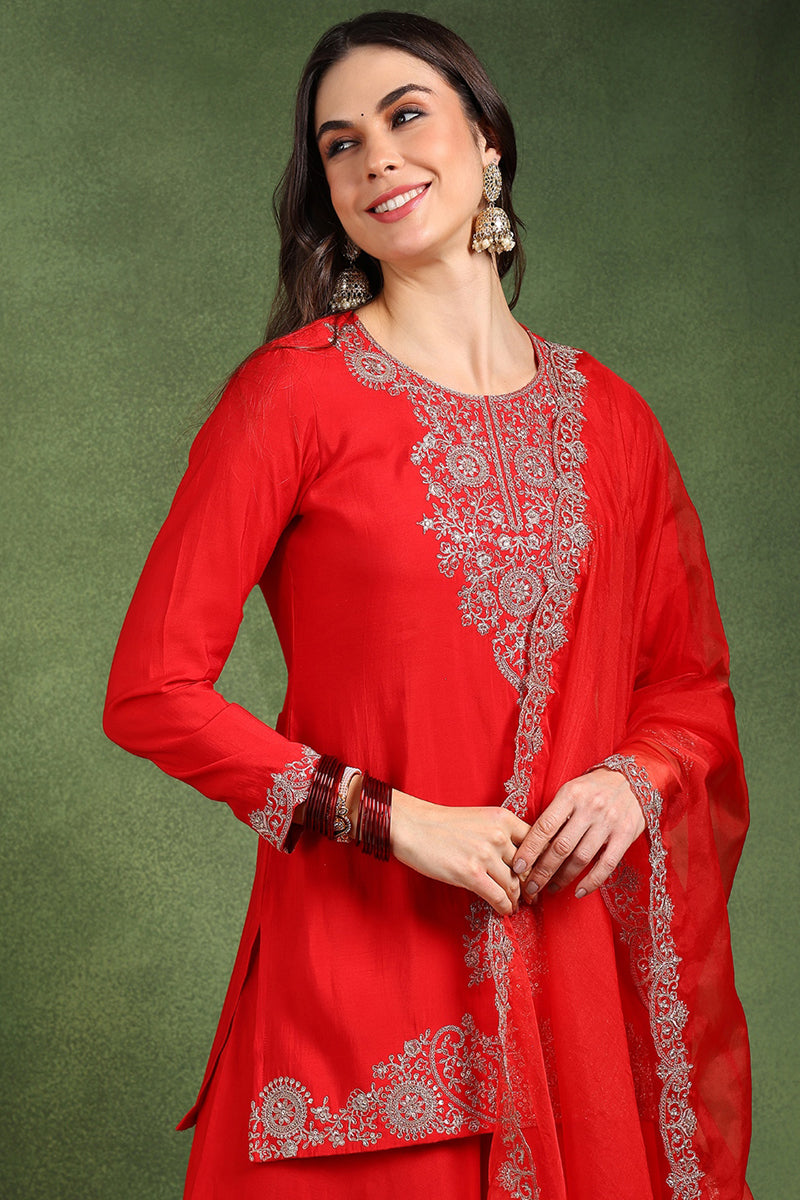 Red Silk Blend Embroidered Straight Palazzo Suit Set PKSKD2748