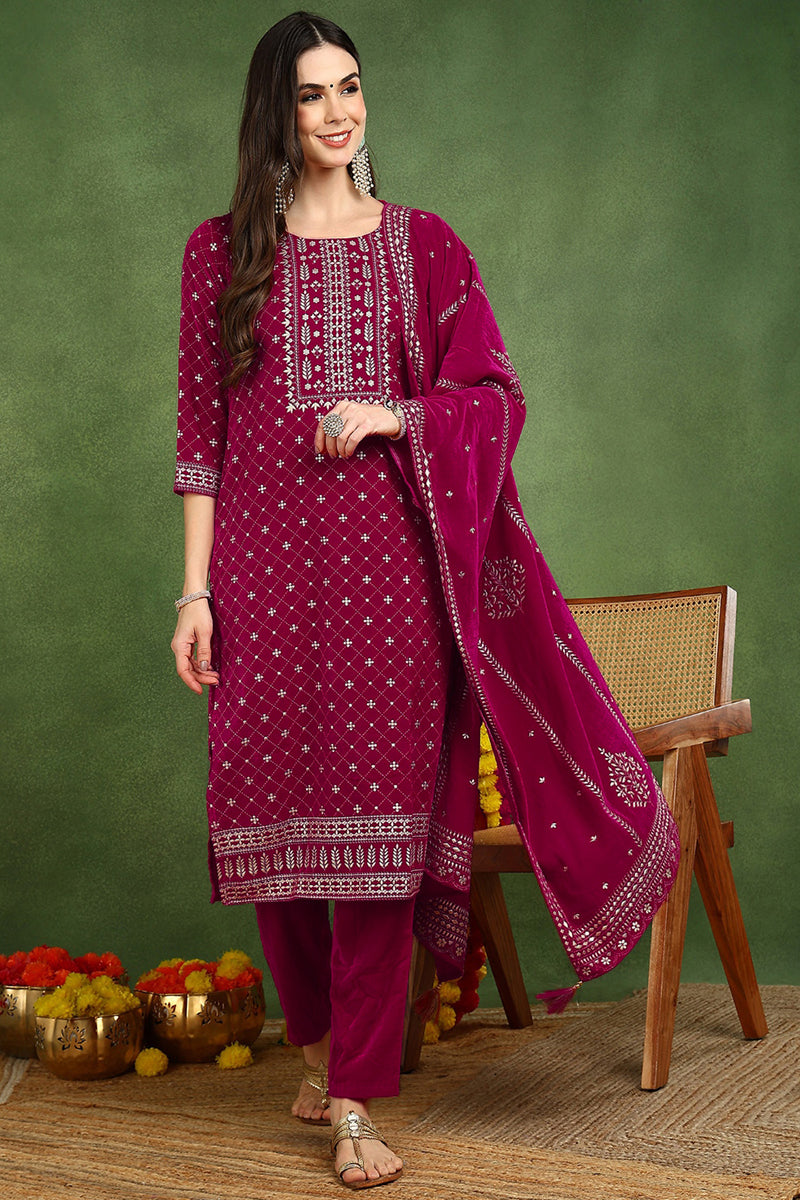 Pink Velvet Ethnic Motifs Printed Straight Suit Set PKSKD2766