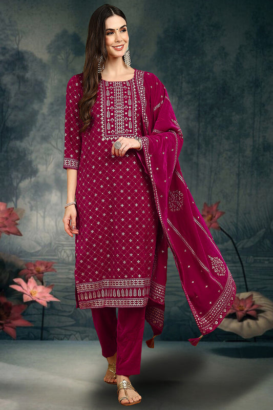 Pink Velvet Ethnic Motifs Printed Straight Suit Set PKSKD2766