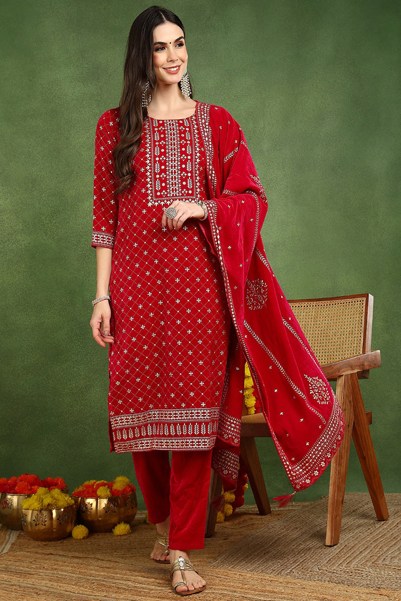 Pink Velvet Ethnic Motifs Printed Straight Suit Set PKSKD2766