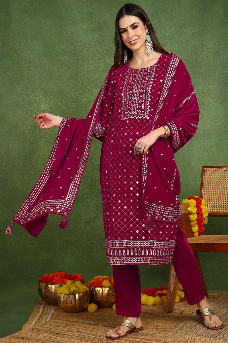 Pink Velvet Ethnic Motifs Printed Straight Suit Set PKSKD2766