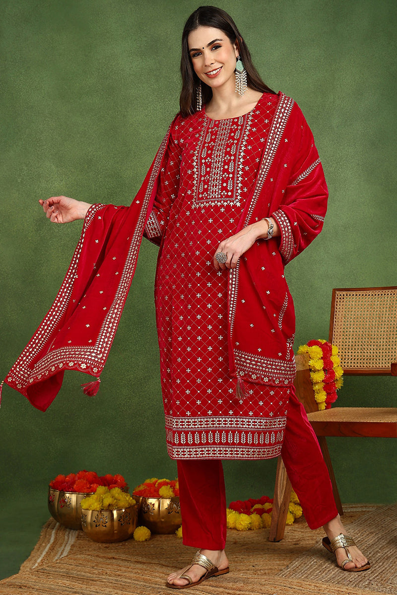 Pink Velvet Ethnic Motifs Printed Straight Suit Set PKSKD2766