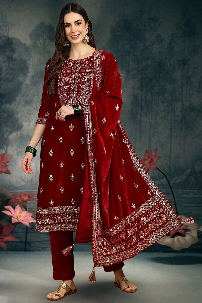 Red Velvet Ethnic Motifs Printed Straight Suit Set PKSKD2767