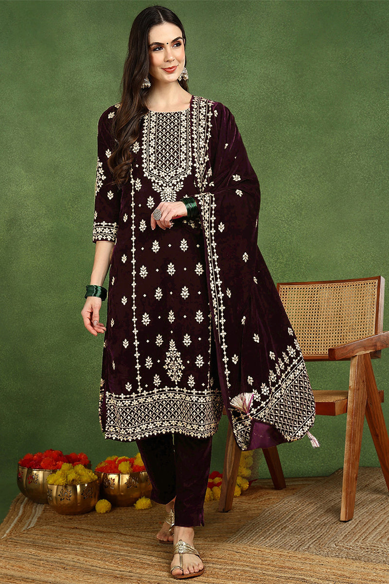 Purple Velvet Ethnic Motifs Printed Straight Suit Sets PKSKD2769