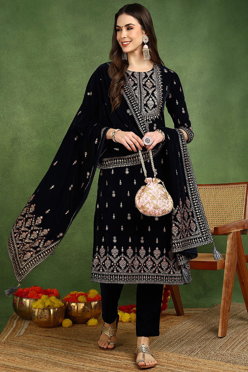 Navy Blue Velvet Ethnic Motifs Printed Straight Suit Set PKSKD2771