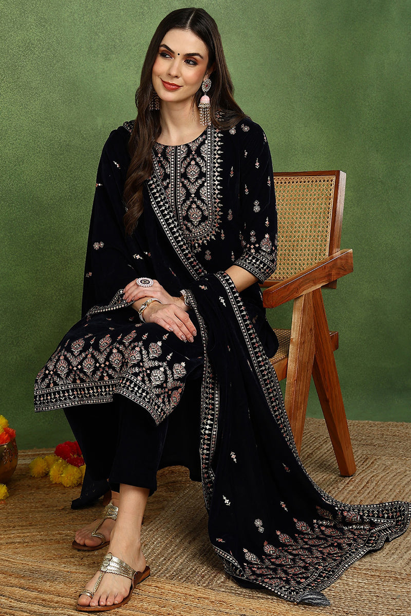 Navy Blue Velvet Ethnic Motifs Printed Straight Suit Set PKSKD2771