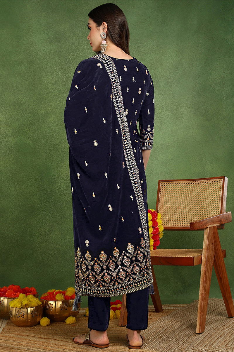 Navy Blue Velvet Ethnic Motifs Printed Straight Suit Set PKSKD2771