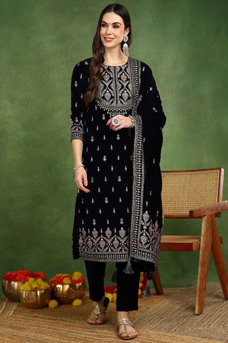 Navy Blue Velvet Ethnic Motifs Printed Straight Suit Set PKSKD2771