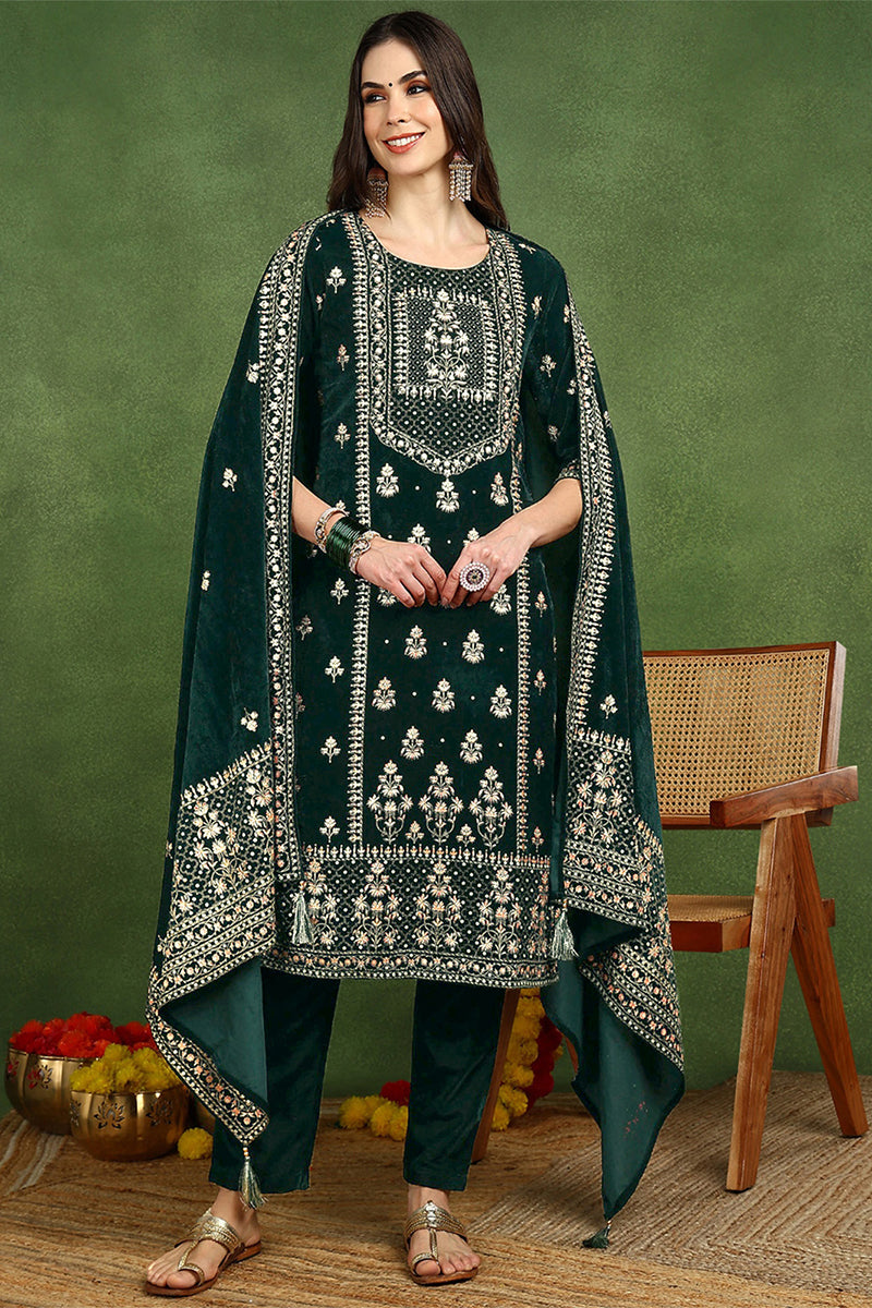 Green Velvet Ethnic Motifs Printed Straight Suit Set PKSKD2772