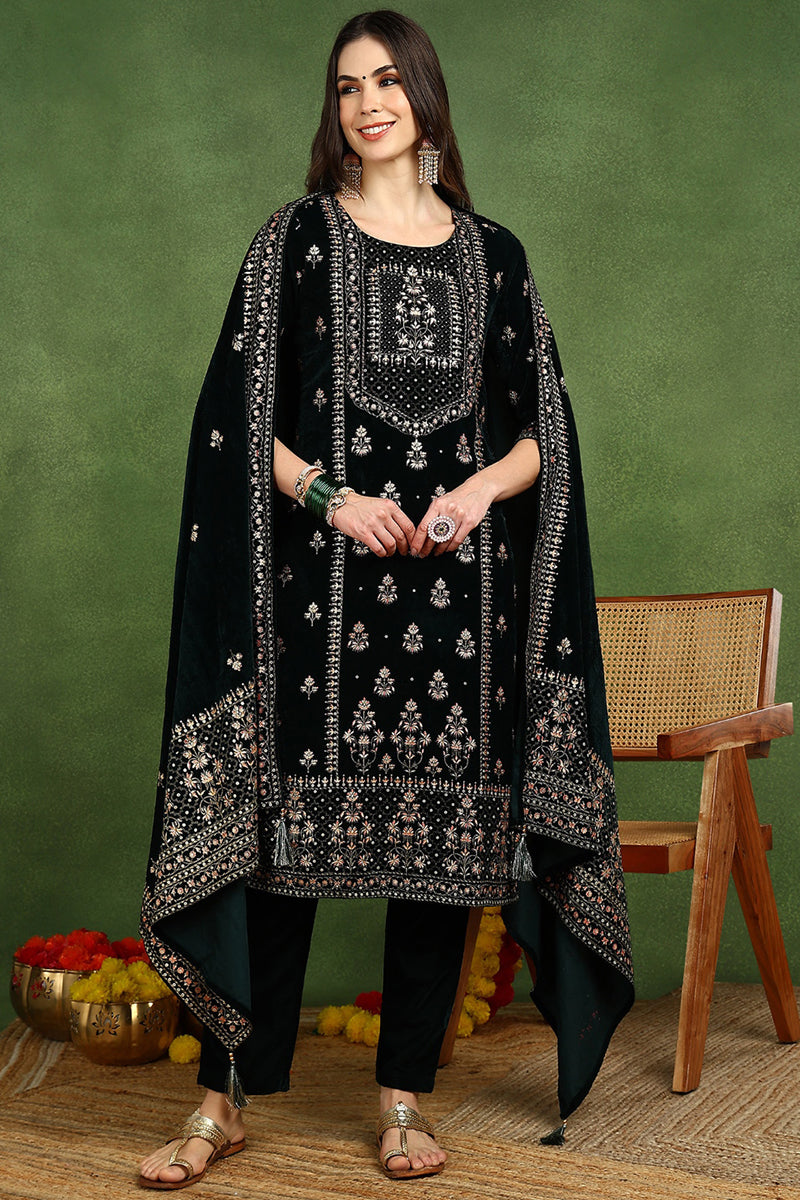 Green Velvet Ethnic Motifs Printed Straight Suit Set PKSKD2772