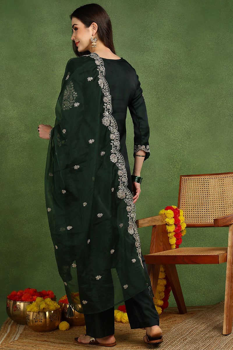 Green Silk Blend Solid Embroidered Straight Suit Set PKSKD2773