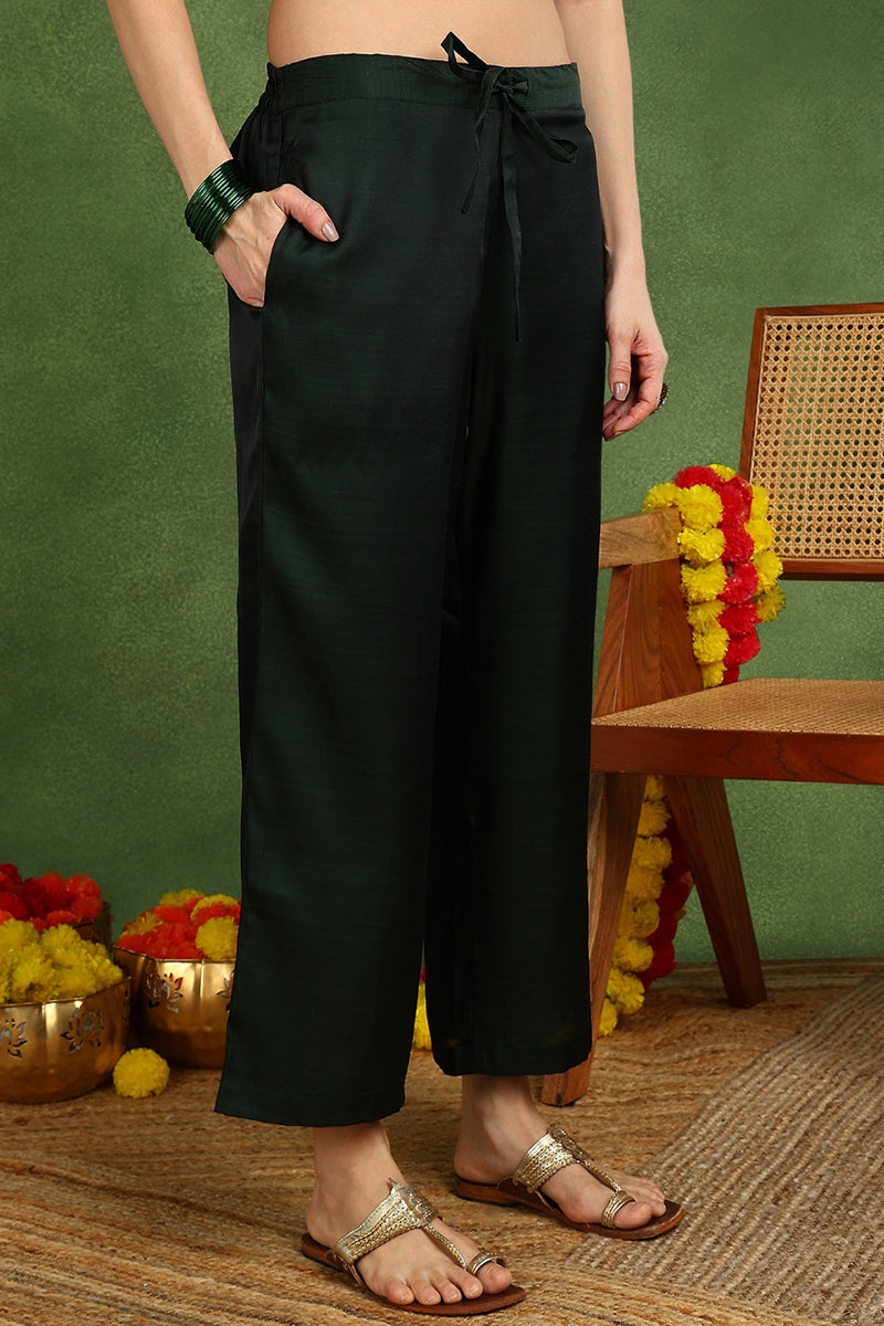 Green Silk Blend Solid Embroidered Straight Suit Set PKSKD2773