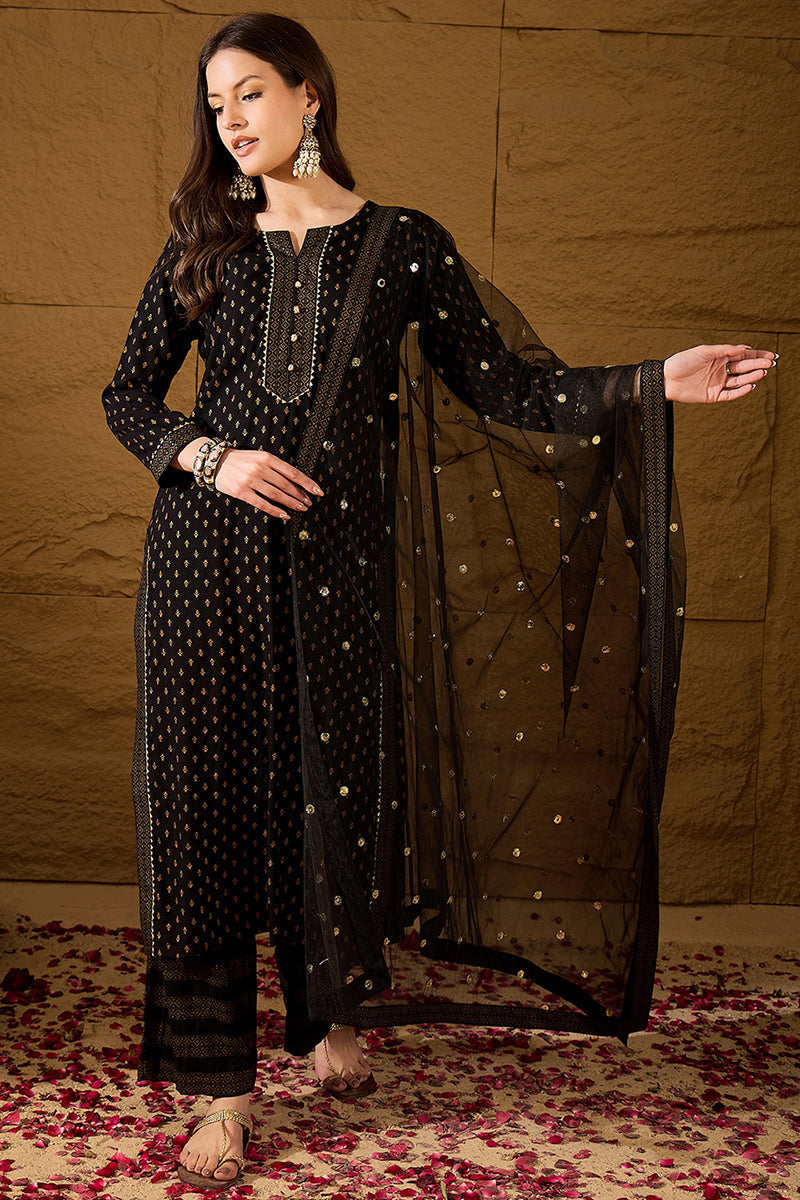 Black Viscose Rayon Ethnic Motifs Printed Straight Suit Set PKSKD2777