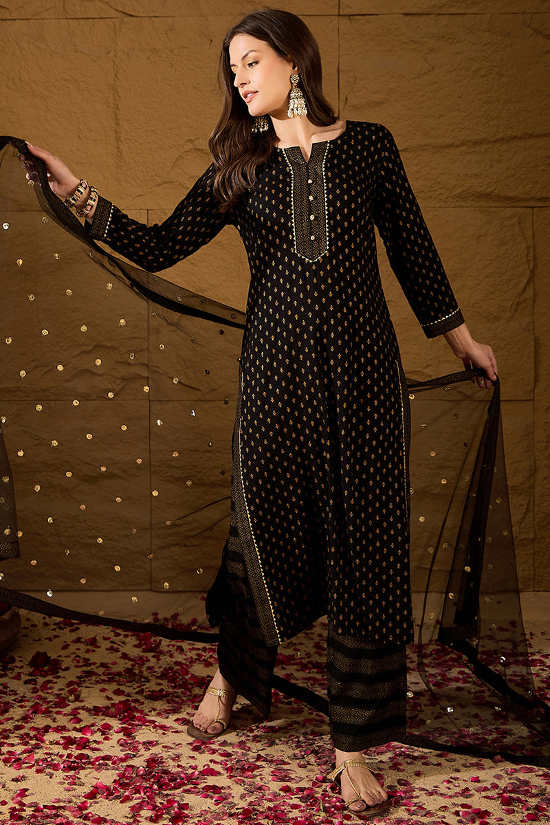 Black Viscose Rayon Ethnic Motifs Printed Straight Suit Set PKSKD2777