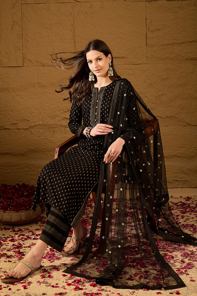 Black Viscose Rayon Ethnic Motifs Printed Straight Suit Set PKSKD2777