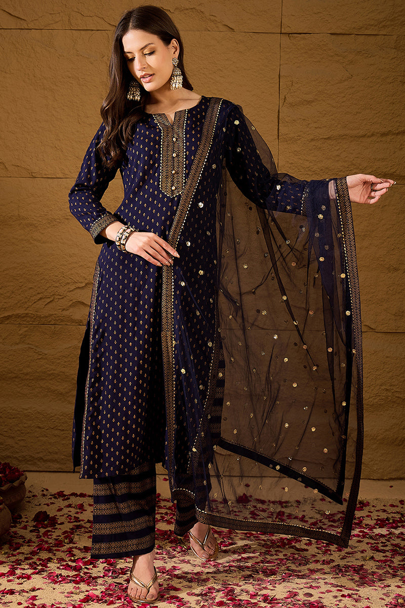 Navy Blue Viscose Rayon Ethnic Motifs Printed Straight Suit Set PKSKD2778