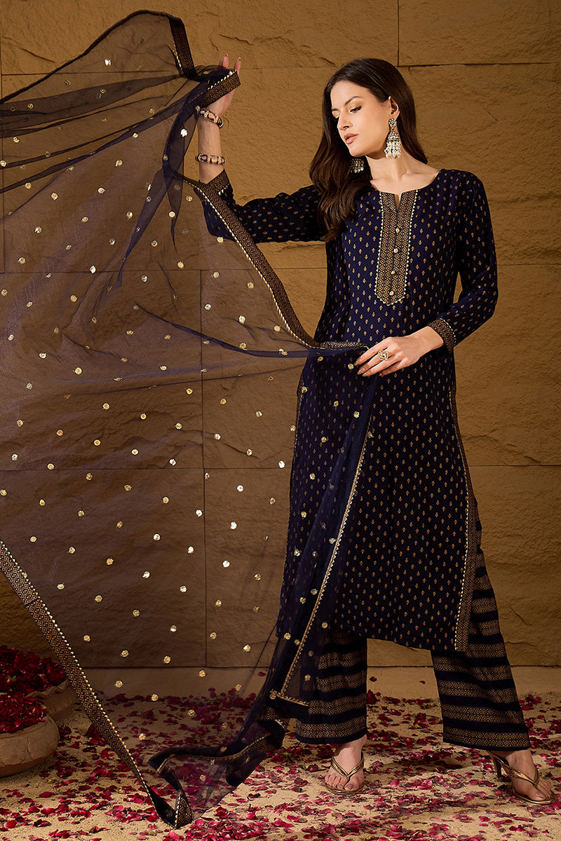 Navy Blue Viscose Rayon Ethnic Motifs Printed Straight Suit Set PKSKD2778