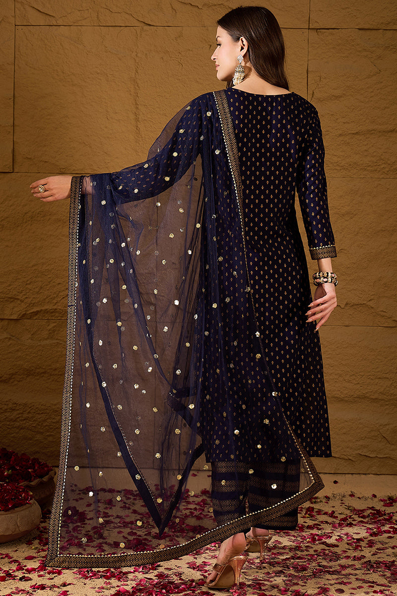 Navy Blue Viscose Rayon Ethnic Motifs Printed Straight Suit Set PKSKD2778