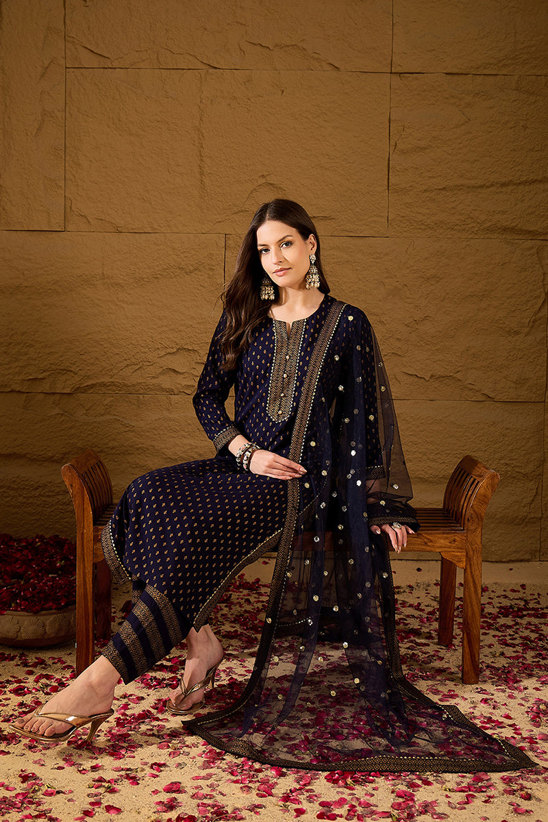 Navy Blue Viscose Rayon Ethnic Motifs Printed Straight Suit Set PKSKD2778