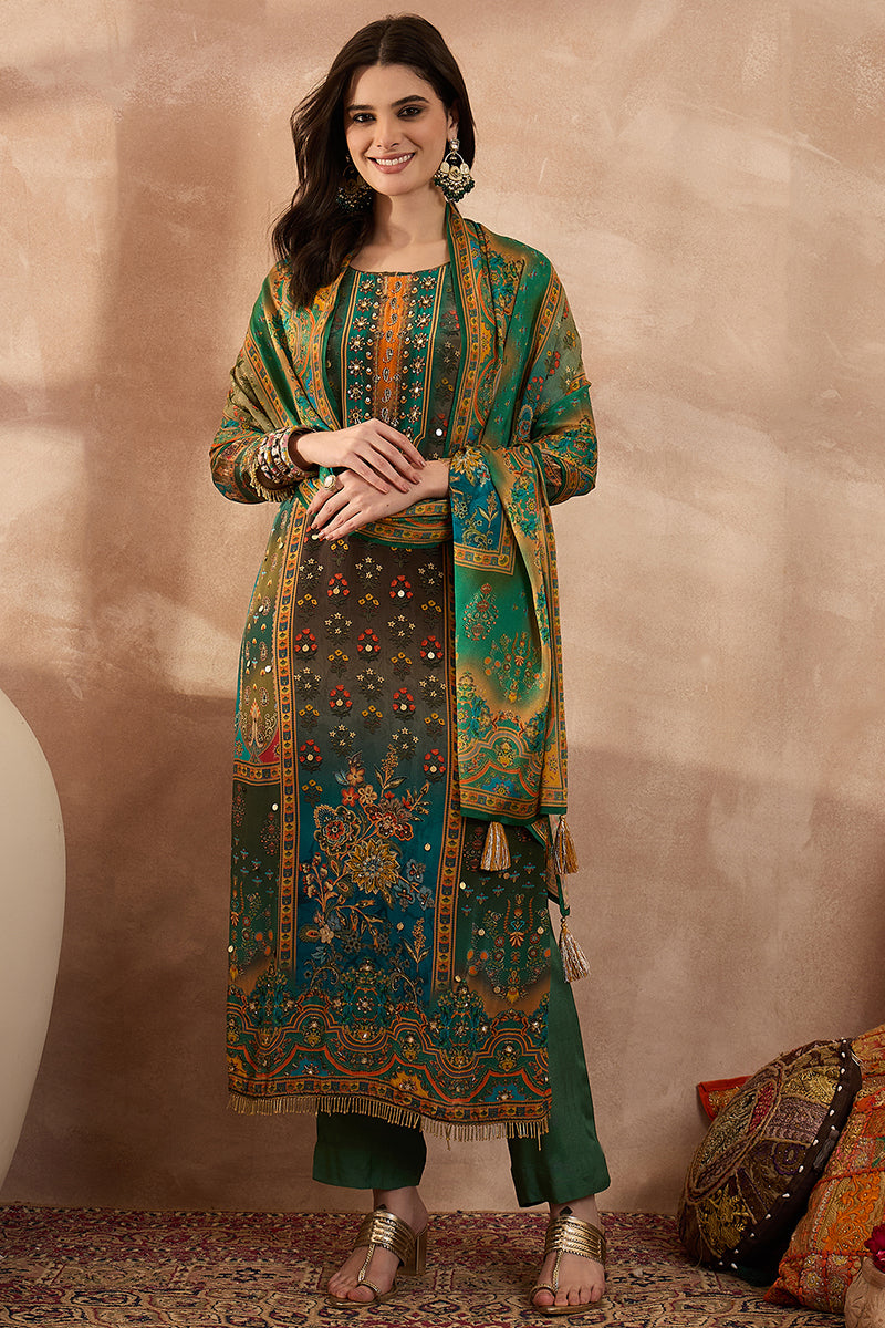 Green Viscose Rayon Solid Embroidered Straight Kurta Trousers With Dupatta PKSKD2801