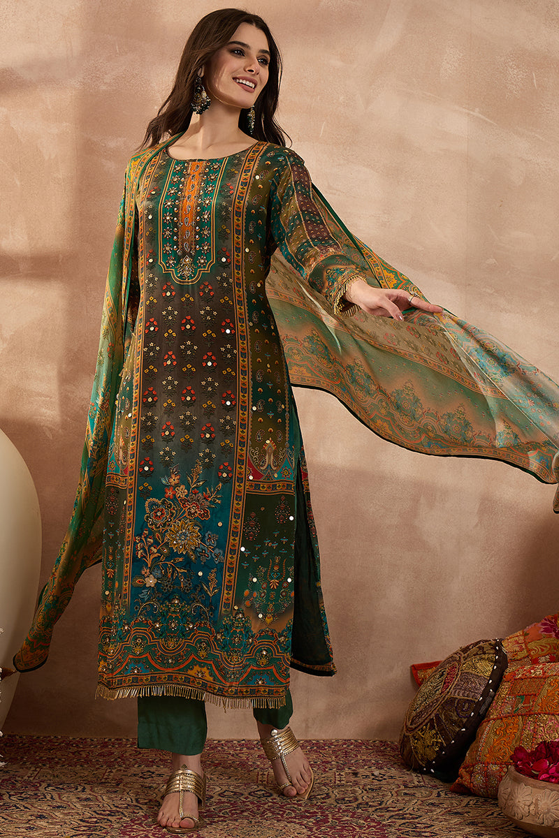 Green Viscose Rayon Solid Embroidered Straight Kurta Trousers With Dupatta PKSKD2801