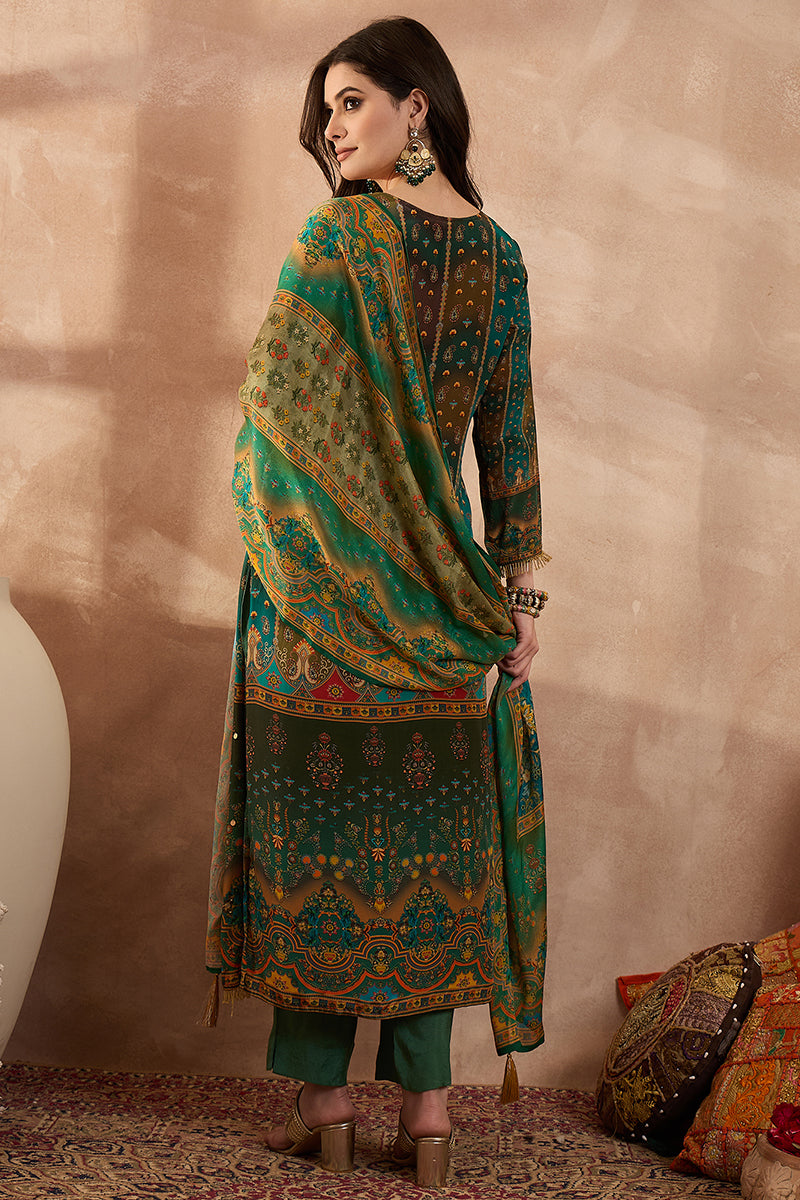Green Viscose Rayon Solid Embroidered Straight Kurta Trousers With Dupatta PKSKD2801
