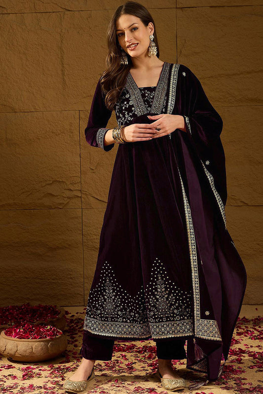 Purple Velvet Floral Printed Anarkali Trousers Suit Set PKSKD2829
