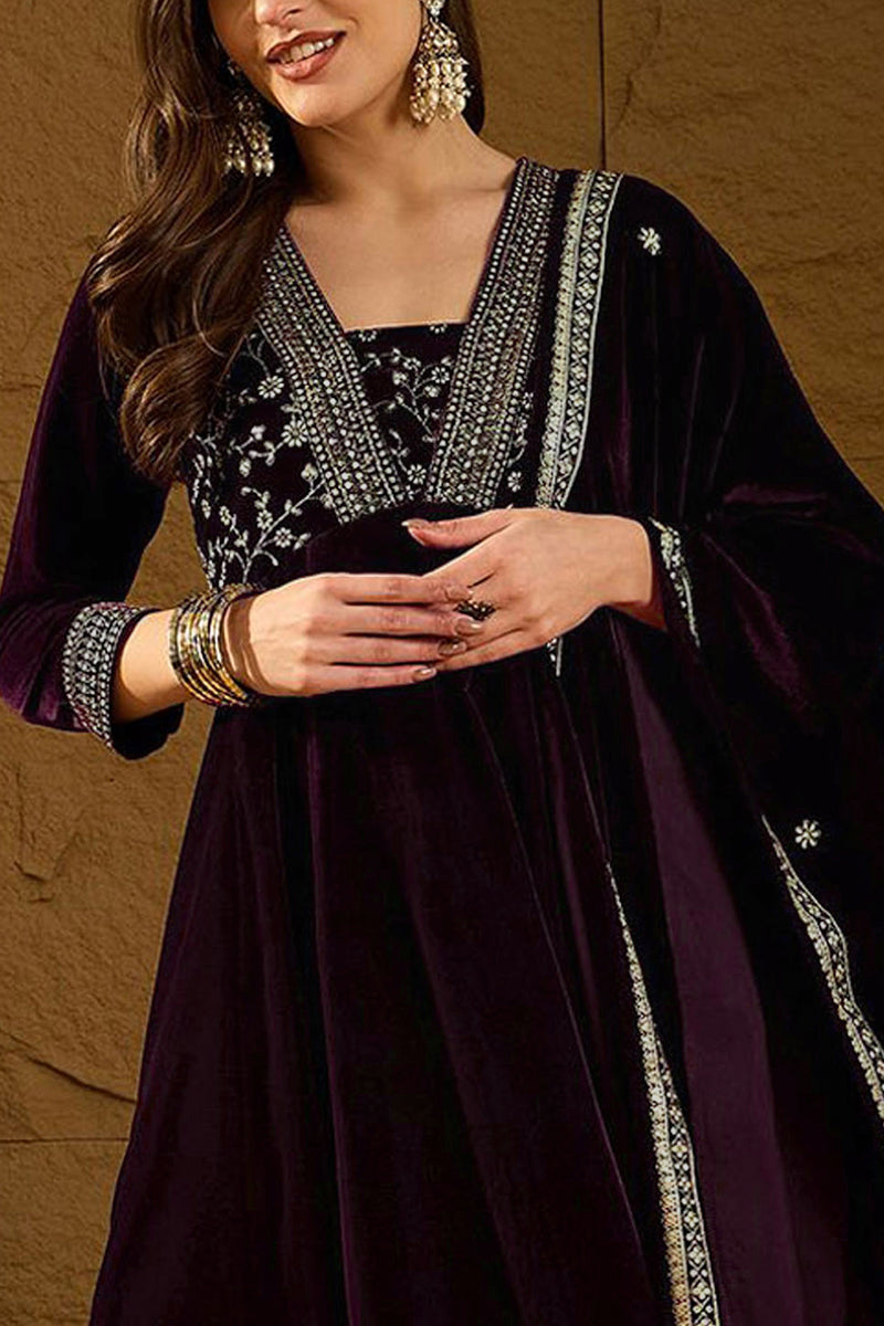 Purple Velvet Floral Printed Anarkali Trousers Suit Set PKSKD2829