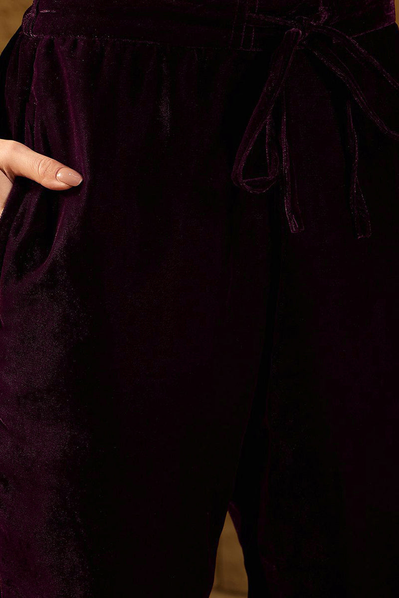 Purple Velvet Floral Printed Anarkali Trousers Suit Set PKSKD2829