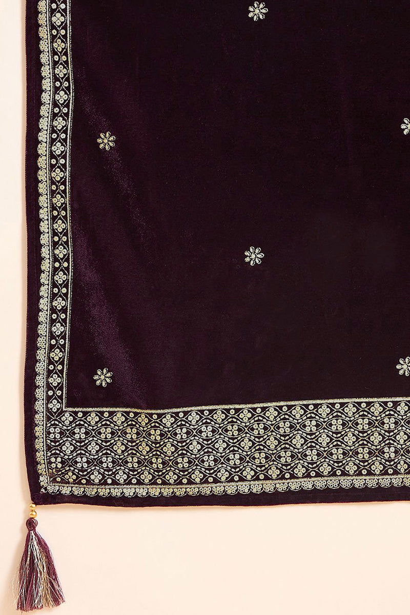 Purple Velvet Floral Printed Anarkali Trousers Suit Set PKSKD2829