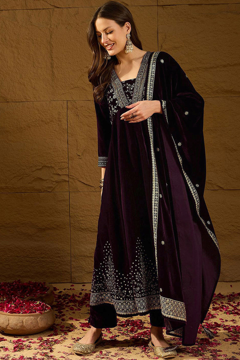 Purple Velvet Floral Printed Anarkali Trousers Suit Set PKSKD2829