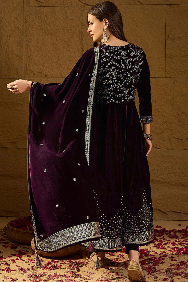 Purple Velvet Floral Printed Anarkali Trousers Suit Set PKSKD2829
