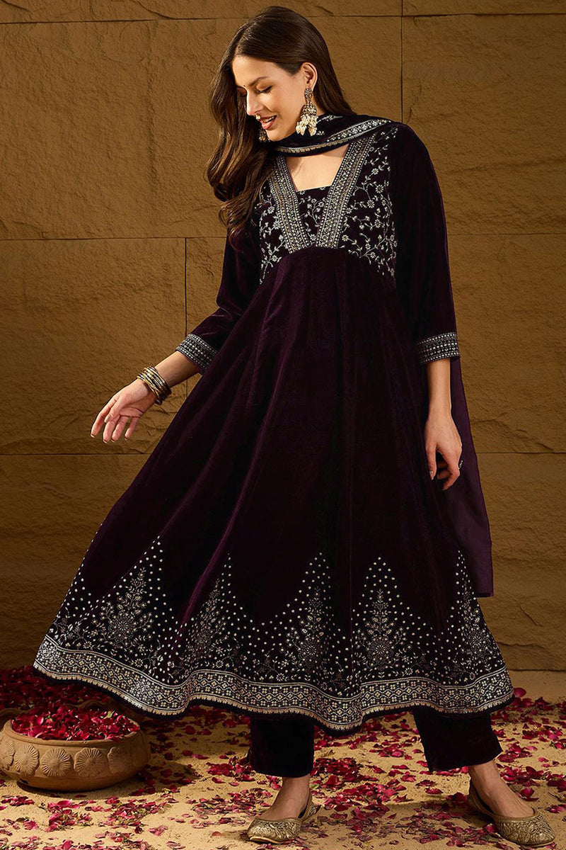 Purple Velvet Floral Printed Anarkali Trousers Suit Set PKSKD2829