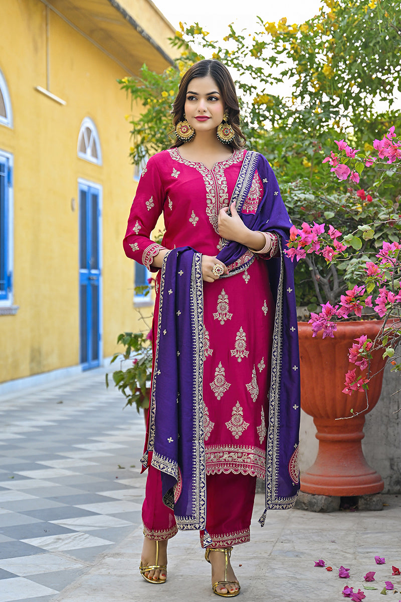 Pink Silk Blend Solid Embroidered Straight Trouser Suit Set PKSKD2856