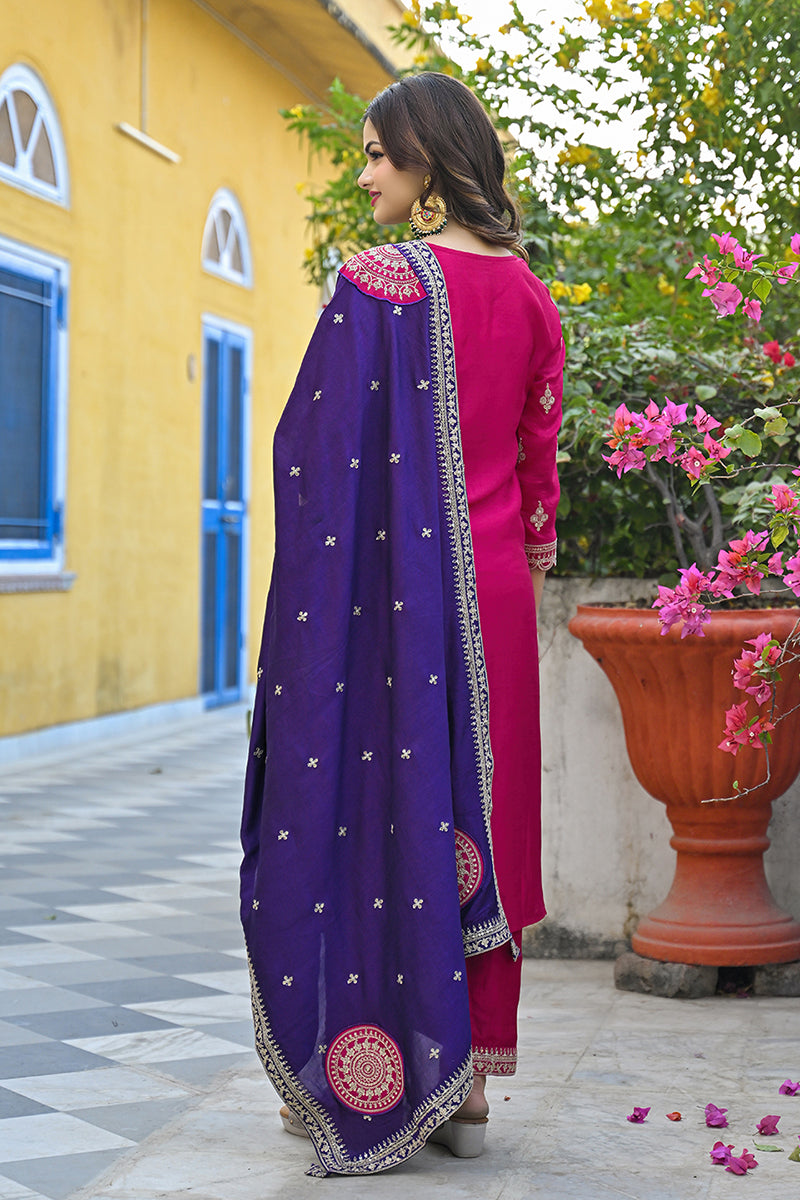 Pink Silk Blend Solid Embroidered Straight Trouser Suit Set PKSKD2856