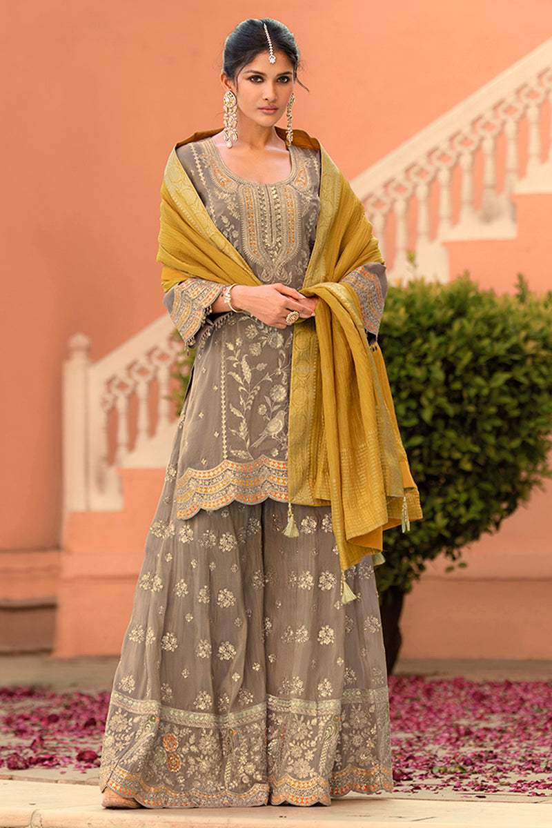 Beige Viscose Shimmer Embroidered Straight Kurta Sharara with Dupatta PKSKD2860