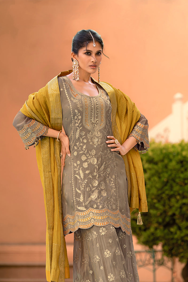 Beige Viscose Shimmer Embroidered Straight Kurta Sharara with Dupatta PKSKD2860